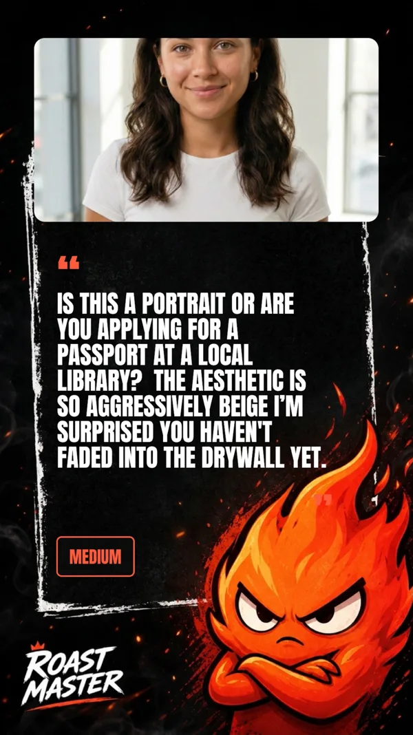 Roast Master share-card: a portrait photo above Pyro’s roast verdict, heat level chip, and Roast Master watermark